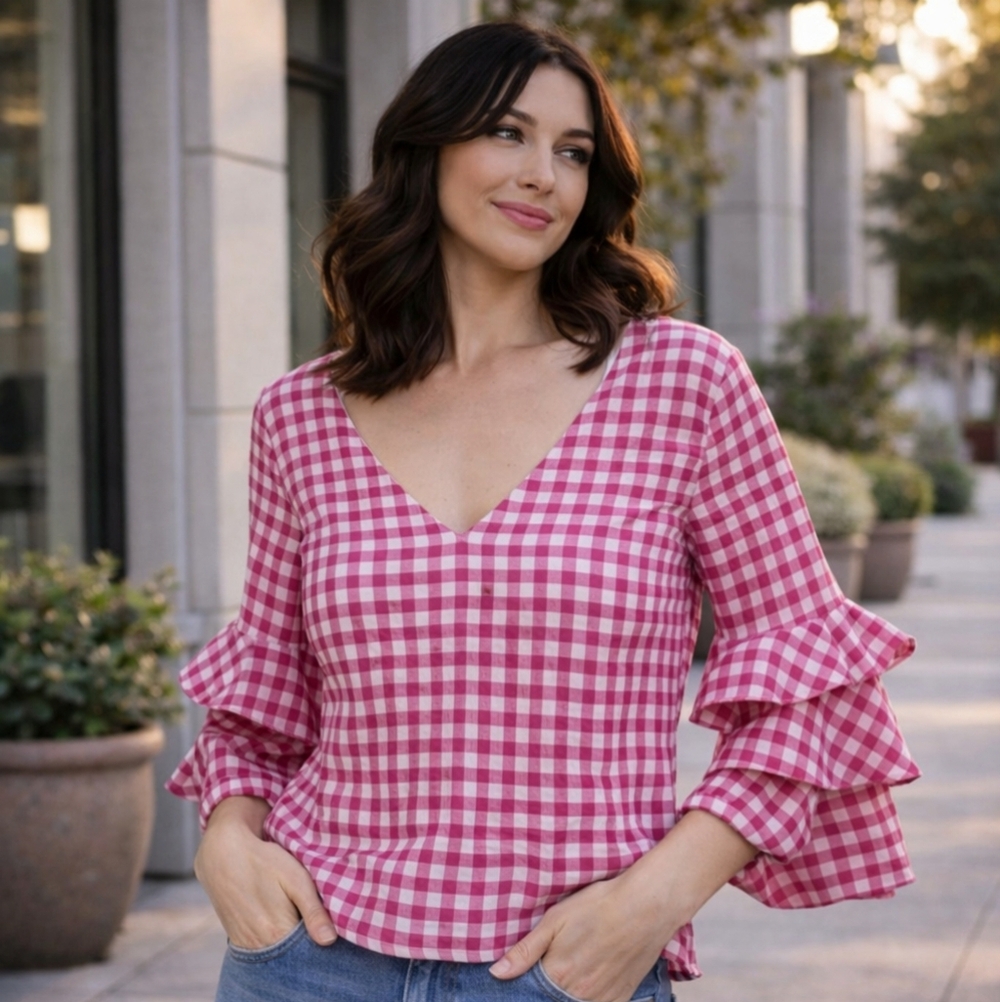 Zara Pink Gingham Cropped Ruffle Sleeve Blouse Size XS Cottagecore